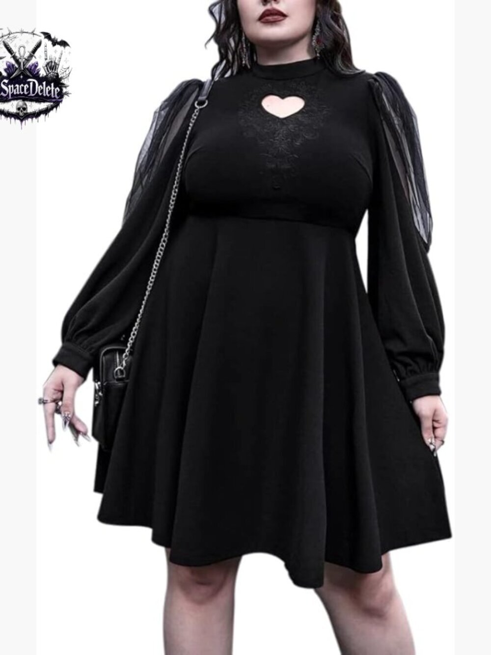 Plus Size Gothic Dress with Keyhole Neckline and Puff Sleeves